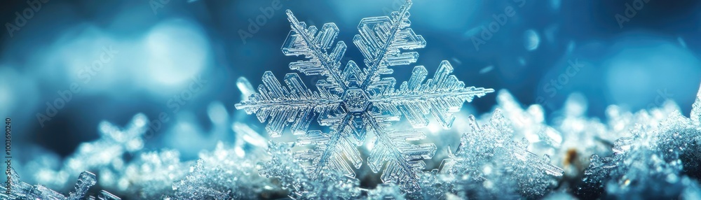 Poster A close-up view of a beautiful snowflake resting on shimmering ice, capturing the essence of winter's magic and tranquility.