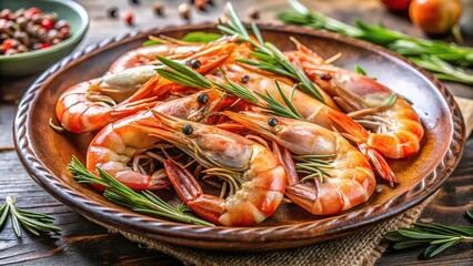 Well presented prawns on ceramic plate decorated with rosemary and spices, ready to serve macro