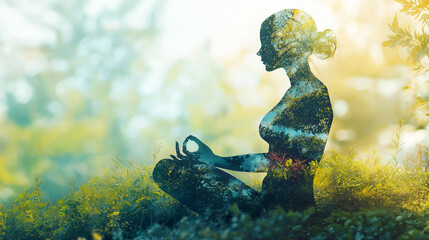 double exposure of woman meditating in nature, healthy mind body and spirit