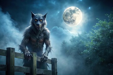 Werewolf cryptid on foggy night looking over fence