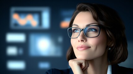 A businesswoman executive in deep thought, surrounded by floating digital interfaces showing real-time analytics and futuristic data projections,