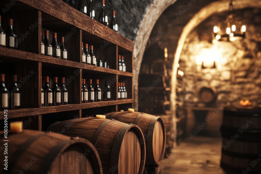 Poster explore the rich ambiance of a wine cellar adorned with wooden barrels and neatly arranged shelves f