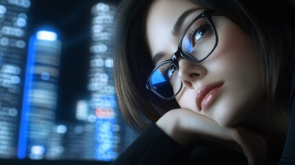 A businesswoman executive in deep thought, surrounded by floating digital interfaces showing real-time analytics and futuristic data projections,