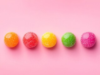 Obraz premium a row Different candy over a pink studio background with vibrant colors, only at the top of the image the rest needs to be negative space