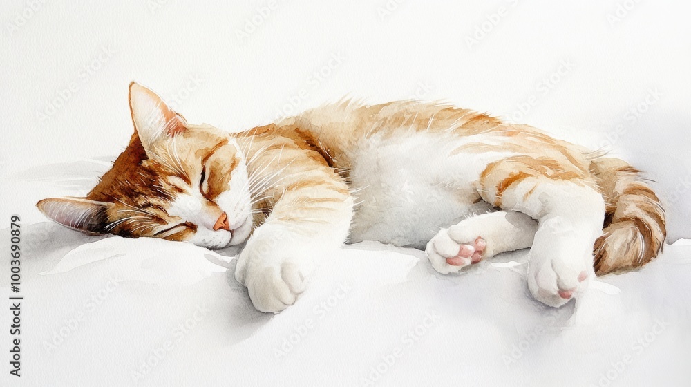 Poster a sleepy orange tabby cat curled up peacefully on a cozy white bedspread in a serene indoor setting 