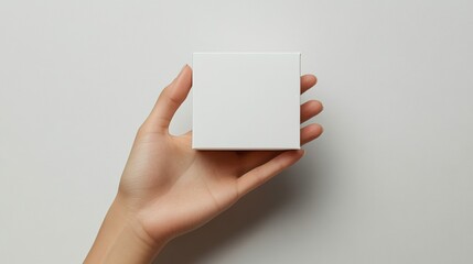 Hand holding a blank square box over a neutral background.