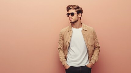Fototapeta premium A modern, stylish man stands confidently in a minimalist space wearing trendy attire against a neutral background