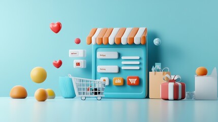 Colorful digital shopping interface with cart and festive elements, isolated background.