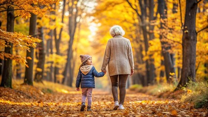 Fototapeta premium nature, bonding, tranquil, happiness, connection, A heartwarming stock photo depicting a grandmother and her granddaughter walking hand in hand through a picturesque autumn forest