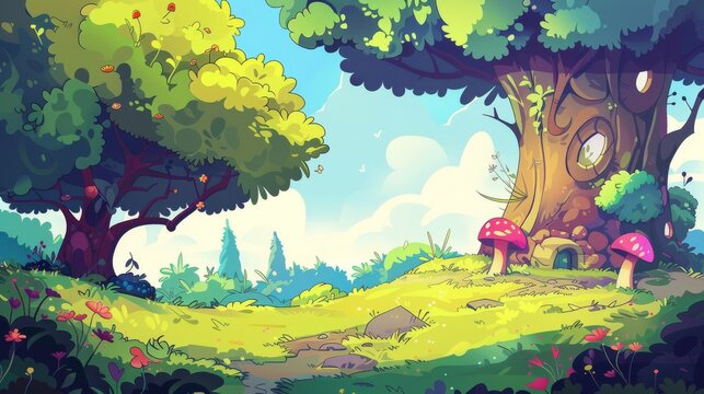 A vibrant cartoon forest scene featuring sunlit trees, colorful mushrooms, and lush greenery, perfect for fantasy and children's illustrations.