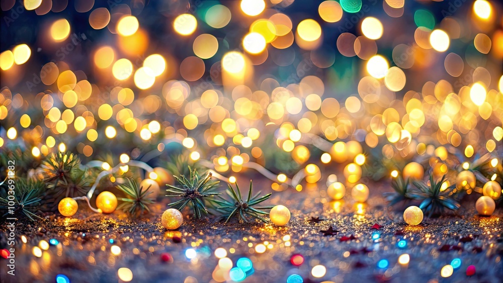 Poster christmas display of colorful bokeh lights and festive ornaments on a sparkling surface, creating a 