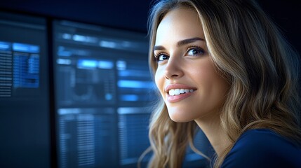 A businesswoman executive in deep thought, surrounded by floating digital interfaces showing real-time analytics and futuristic data projections,