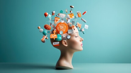 Creative concept of thoughts emanating from a woman's head, bright background.