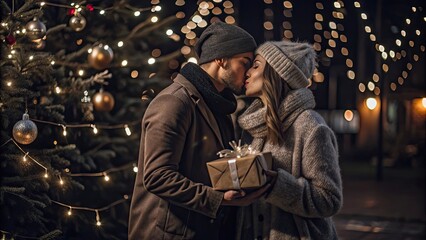 Obraz premium A romantic couple kissing under Christmas lights, holding a beautifully wrapped gift, surrounded by a festive atmosphere.