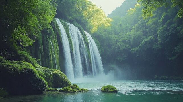 Lush green scenery surrounding a cascading waterfall in the Huasteca region with vibrant nature enveloping the landscape