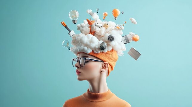 Creative mind concept with light bulbs and ideas floating above a woman's head.