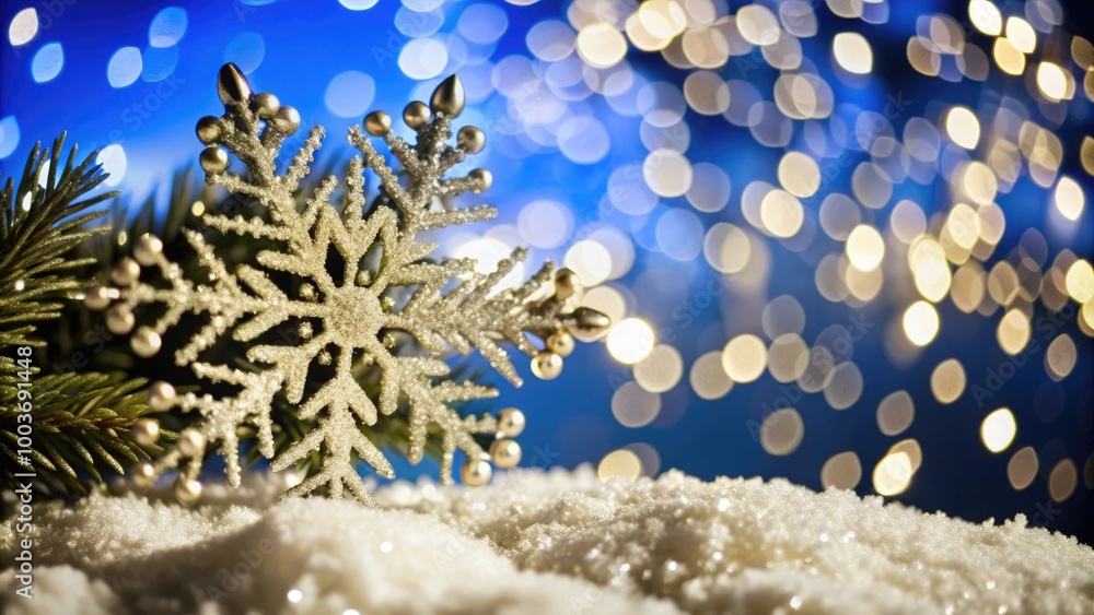 Aufkleber snowflake rests on snow, illuminated by soft bokeh lights in the background, creating a magical wint