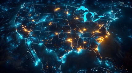 a digital representation of a map of the United States at night. It shows the outlines of the states with glowing blue lines, and various cities are highlighted with bright orange lights