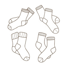 Set of hand drawn vector illustrations of warm socks. Knitted wool clothing. Outlines of elements of winter clothing. Winter is coming