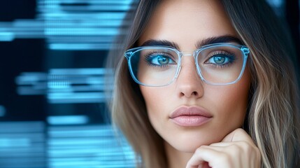 A businesswoman executive in deep thought, surrounded by floating digital interfaces showing real-time analytics and futuristic data projections,