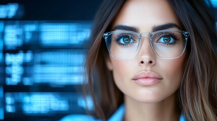A businesswoman executive in deep thought, surrounded by floating digital interfaces showing real-time analytics and futuristic data projections,