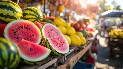 Colorful ripe watermelon arranged artistically at a bustling fruit stand under the bright summer sun