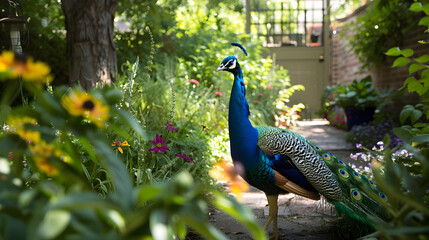 Obraz premium Colorful peacock with vibrant feathers standing tall on lush garden path, exuding elegance and confidence.