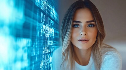 A businesswoman executive in deep thought, surrounded by floating digital interfaces showing real-time analytics and futuristic data projections,