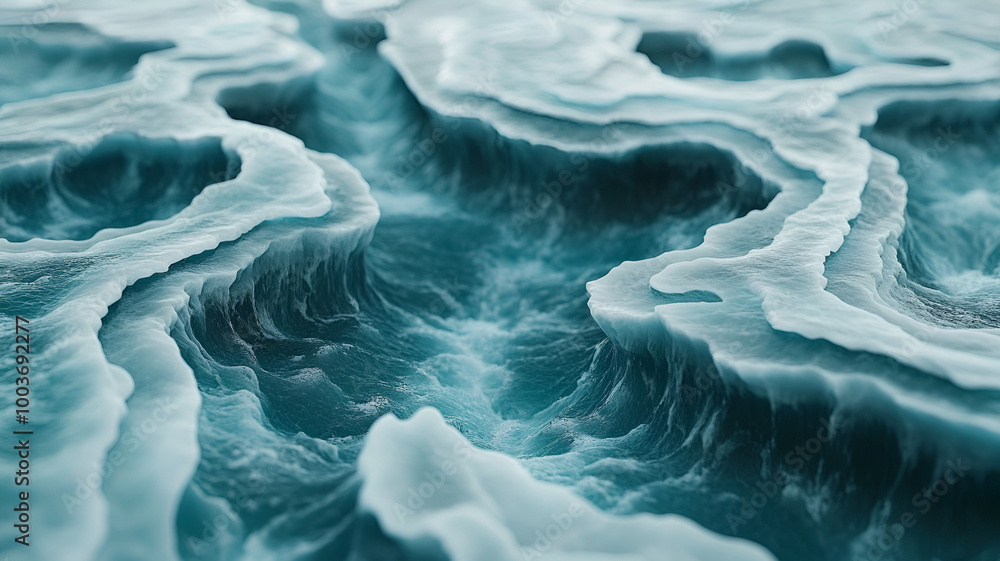 Poster intricate patterns of ocean waves captured in turquoise hues under soft lighting during midday