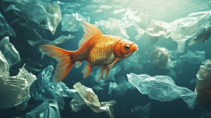 Obraz premium Goldfish swimming through plastic pollution in an underwater scene.