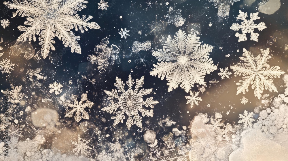 Poster delicate snowflakes create a mesmerizing pattern on a dark background, showcasing the beauty of wint