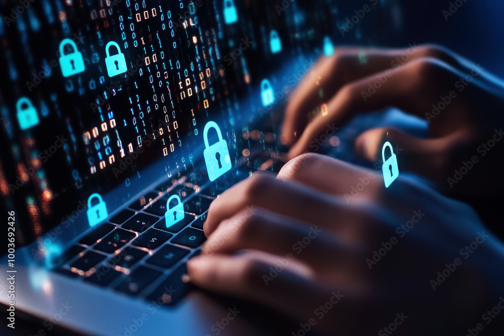 Poster hands of a businessman use a laptop with a virtual padlock icons, cyber and data security concept