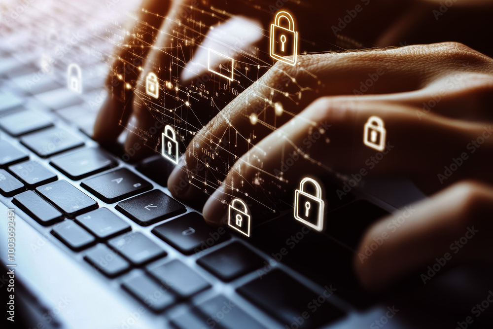 Poster hands of a businessman use a laptop with a virtual padlock icons, cyber and data security concept