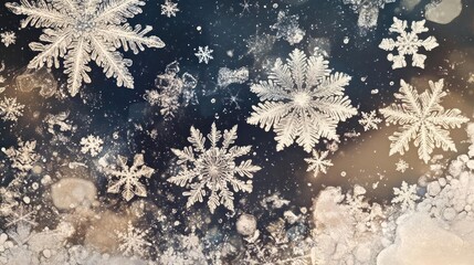 Delicate snowflakes create a mesmerizing pattern on a dark background, showcasing the beauty of winter's frozen art.