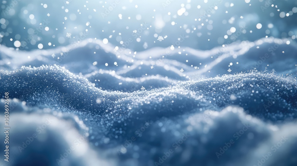 Poster a serene close-up view of fresh snowflakes, glistening softly in the sunlight, creating a tranquil w