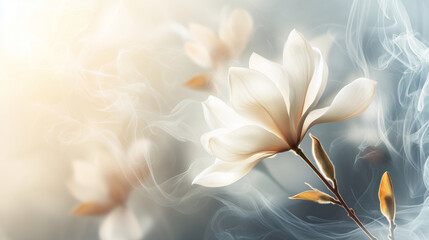 Beautiful, elegant white magnolia flower with soft light and smoke on a grey background