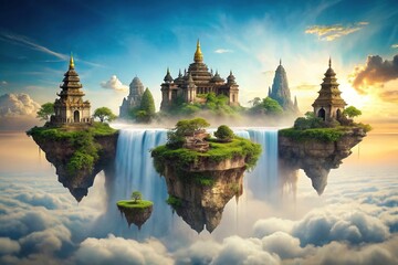 Whimsical illustration of floating islands with temples and waterfalls