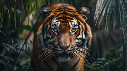 Fototapeta premium Majestic tiger with vibrant stripes stealthily stalks through dense, lush jungle in the sunlight.