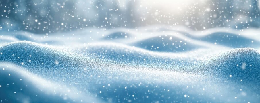 A serene landscape of soft snow covering the ground, gently sparkling under sunlight, creating a calm winter atmosphere.