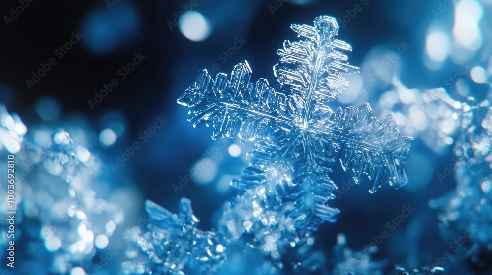 Poster a close-up view of an intricately detailed snowflake shimmering in blue light, capturing winter's be