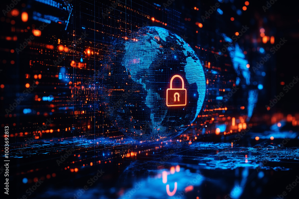Poster global cyber security concept with digital closed pad lock, earth planet globe and binary code on mo