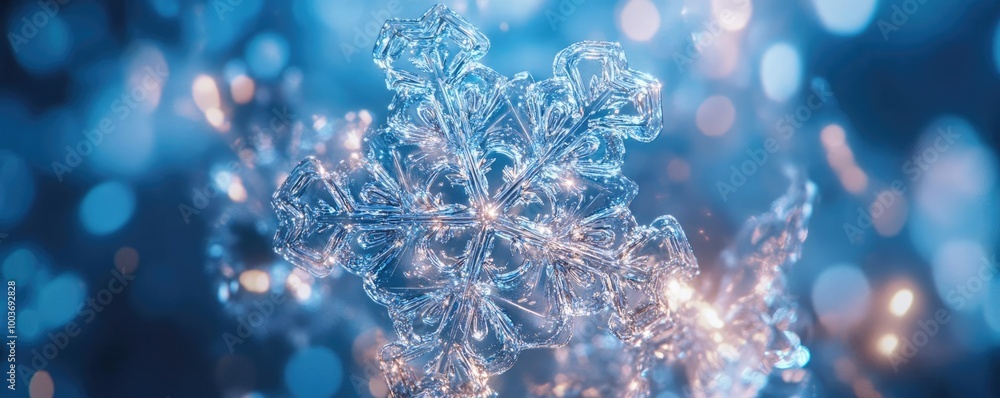 Poster A close-up of a beautiful snowflake sparkling in a blue background, showcasing intricate patterns and shimmering details.