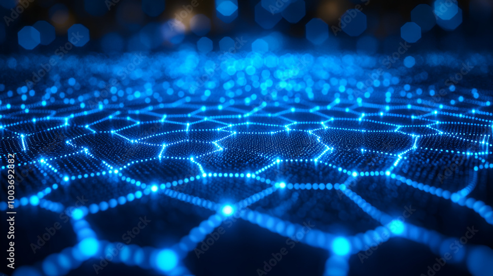 Poster a close-up view of glowing blue hexagonal patterns on a dark surface illustrating digital technology
