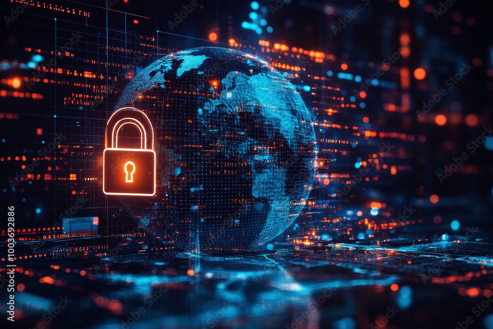 Poster global cyber security concept with digital closed pad lock, earth planet globe and binary code on mo