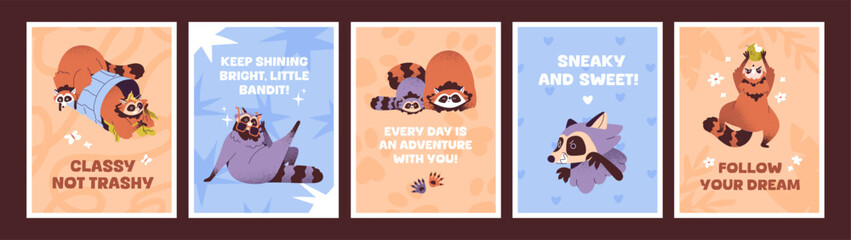 Set of comic cards with cute raccoons. Postcards with adorable racoons in trash can and funny phrase. Posters with happy baby animal, amusing forest characters playing. Flat vector illustrations © Paper Trident