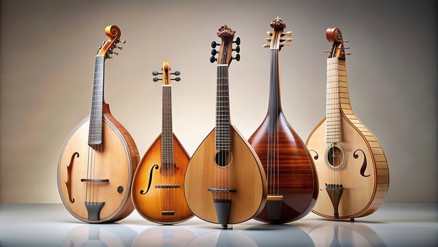 A stock photo showcasing the elegant beauty of string instruments rebab theorbo yueqin and mandoline isolated against a light background in striking silhouettes, silhouette