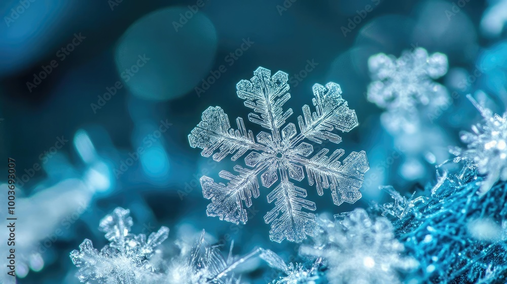 Poster close-up of a delicate snowflake on a blue background, showcasing intricate patterns and winter beau
