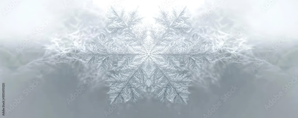 Poster Intricate snowflake pattern on a frosty surface, showcasing delicate details and a serene winter atmosphere.