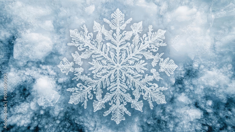 Poster intricate snowflake design against a soft blue background, capturing the beauty of winter and the un