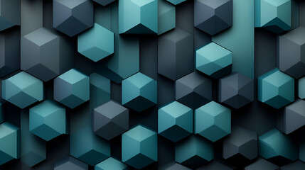 Geometric abstract pattern featuring varying shades of teal and dark gray in a three-dimensional arrangement